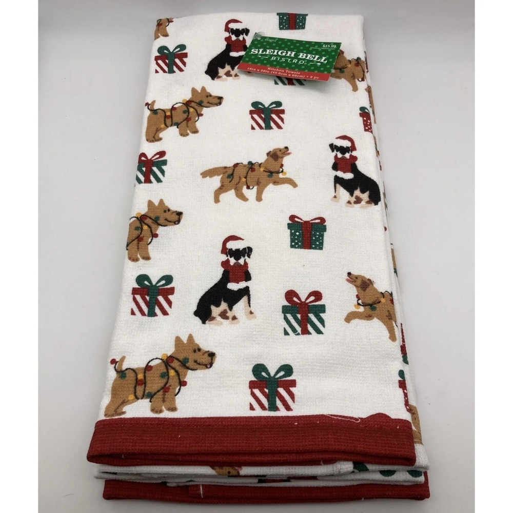 Sleigh Bell Bistro Christmas Dogs Cotton Kitchen Towel 16"x26" 2 Pack NWT